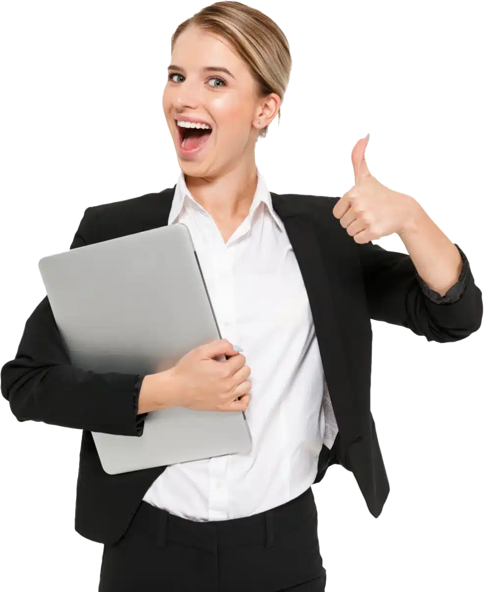 A female executive very happy and holding laptop in her hand